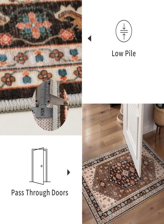 Tangsoo Vintage 2x3 Entry Rug,Small Washable Indoor Door Rug for Entryway,Brown Beige Non-Slip Rubber Backing Throw Mat Soft Low Pile Carpet for Front Porch Entrance Kitchen - Image 3